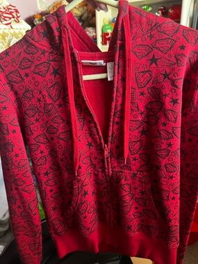 Red Graphic Teddy Zip-Up Hoodie Jacket
